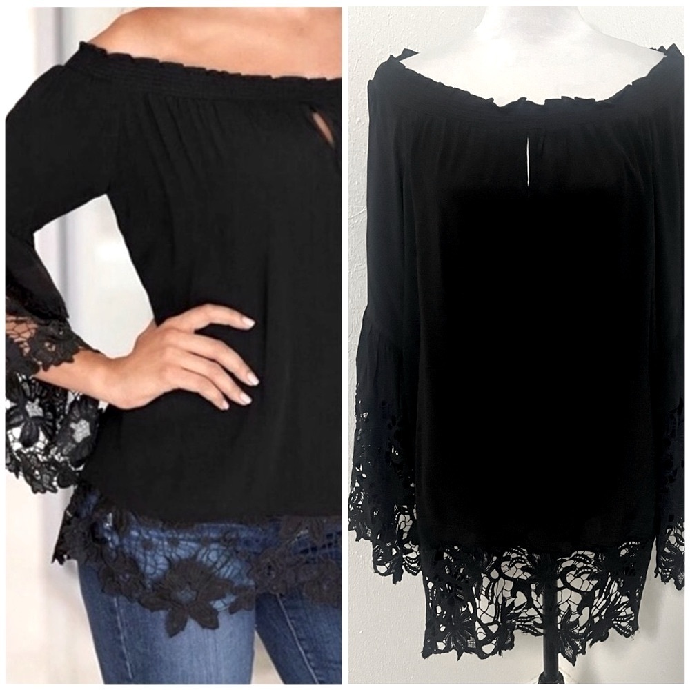 Chico's Black Label Women’s XLarge Elegant Black Lace Trim Blouse Flared Sleeve